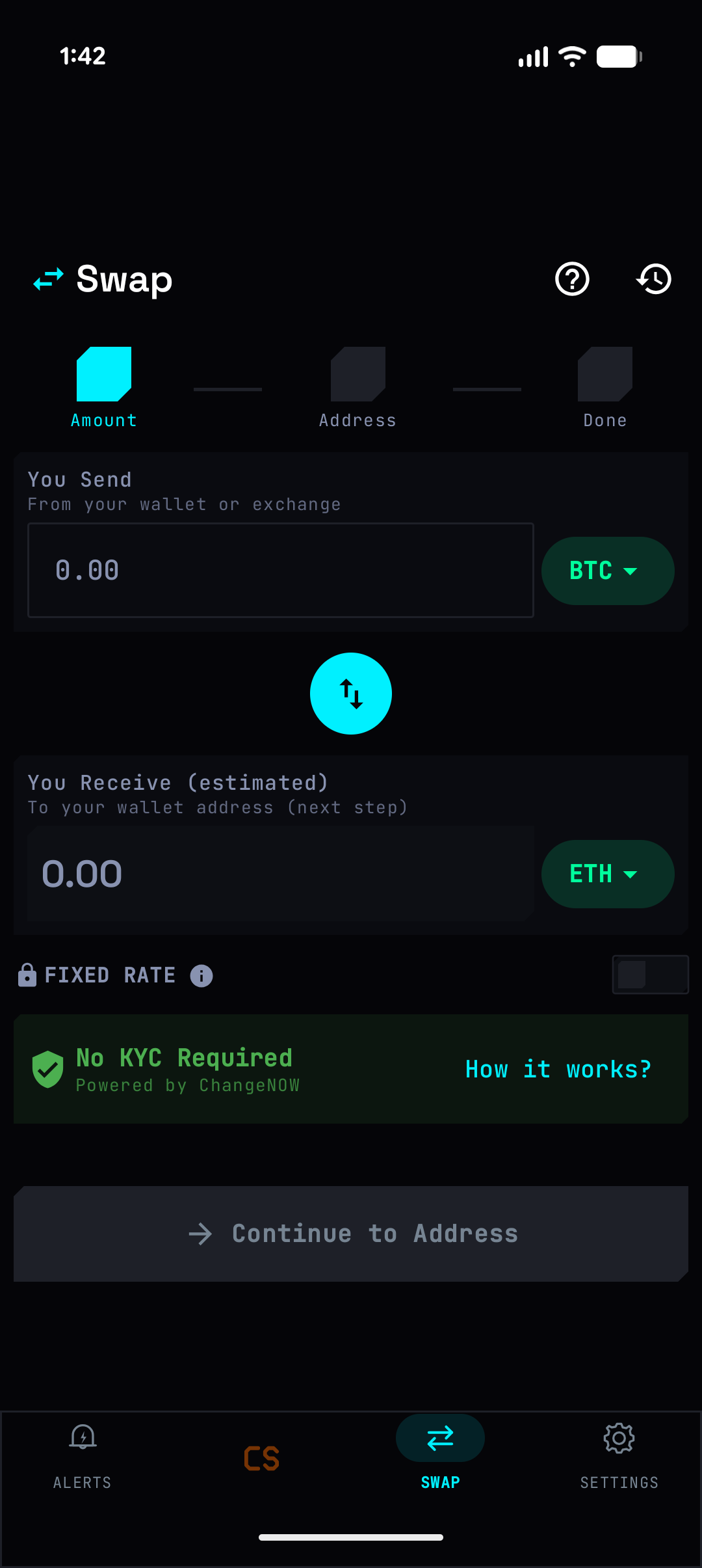 Swap interface showing currency selection